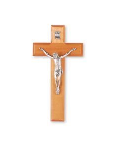 10" Cherry Wood Cross with an Antiqued Silver Finish Corpus