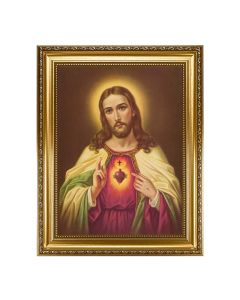15.5 x 19.5" Antique Gold Leaf Beveled Frame with Bead Inlay with a Sacred Heart of Jesus 12" x16" Print