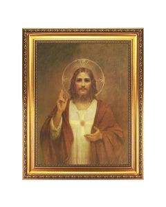 15 1/2" x 19 1/2" Antique Gold Leaf Beveled Frame with Bead Inlay and 12" x 16" Chambers: Sacred Heart of Jesus Textured Art