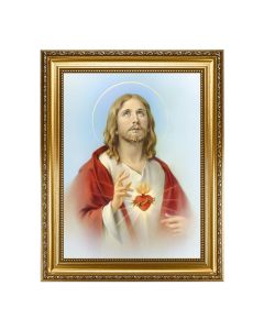 15.5" x 19.5" Antique Gold Leaf Beveled Frame w/Bead Inlay - Sacred Heart of Jesus 12" x 16" Print