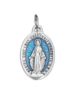 7/8" Miraculous Medal in Antiqued Silver Finish with Aqua Epoxy and Glitter