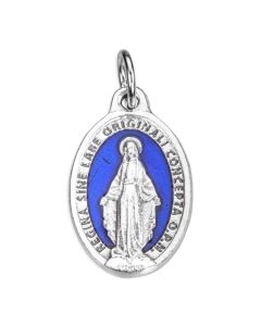 7/8" Miraculous Medal in Antiqued Silver Finish with Blue Epoxy and Glitter