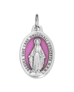 7/8" Miraculous Medal in Antiqued Silver Finish with Rose Epoxy and Glitter
