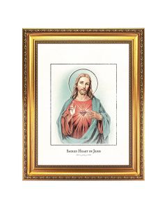 15.5" x 19.5" Antique Gold Leaf Beveled Frame w/Bead Inlay - Sacred Heart of Jesus Engraved Art 12" x 16" Print