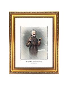 15.5 x 19.5" Antique Gold Leaf Beveled Frame with Bead Inlay with St. Pio of Pietrelcina Engraved Art 12" x16"