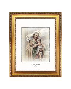 15.5 x 19.5" Antique Gold Leaf Beveled Frame with Bead Inlay with St. Joseph Engraved Art 12" x16" 
