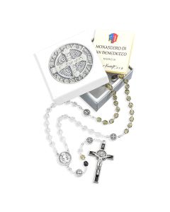 Tri Color Crystal Glass Bead St. Benedict Rosary, Boxed