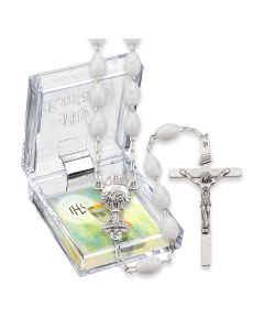 White Plastic Oval Bead Communion Rosary, Boxed