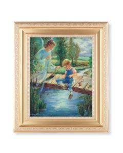 10 1/4" x 12 1/4" Satin Gold Frame with an 8" x 10" Guardian Angel with Boy Print