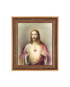 13.5" x 16 9/16" Vintage Bronze with Acanthus Leaves Frame with Velvet Backing and Plexiglass with a 11"x14" Sacred Heart of Jesus Print 
