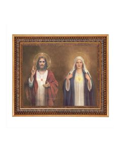 11"x14" Sacred Hearts Print in a 13.5" x 16 9/16" Vintage Bronze with Acanthus Leaves Frame with Velvet Backing and Plexiglass