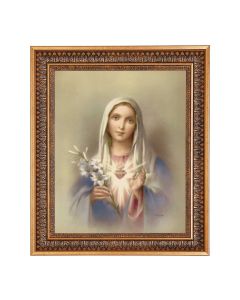 13.5" x 16 9/16" Vintage Bronze with Acanthus Leaves Frame with Velvet Backing and Plexiglass with a 11"x14" Immaculate Heart of Mary Print 