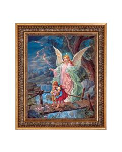 11"x14" Guardian Angel Print in a 13.5" x 16 9/16" Vintage Bronze with Acanthus Leaves Frame with Velvet Backing and Plexiglass