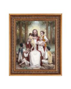 11"x14" Chambers: Jesus with Children Print in a 13.5" x 16 9/16" Vintage Bronze with Acanthus Leaves Frame with Velvet Backing and Plexiglass