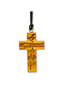 1 3/4" Olive Wood Peace Cross with Olive Branch and Grapes on a Brown Cord