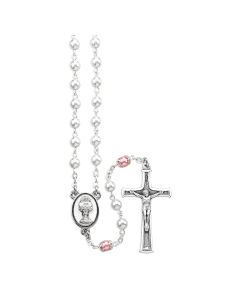 5mm White and Rose Pearlized Glass Bead Rosary with Chalice Centerpiece and Italian Crucifix