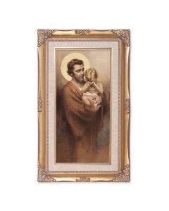 14" x 24" Gold Leaf Wood Frame with Linen Border and a 10" x 20" Chambers: St. Joseph with Crying Jesus Print