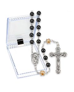 Black and Faux Pearl Glass Bead Rosary, Boxed