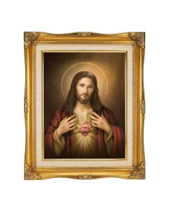 11"x14" Simeone: Sacred Heart of Jesus Textured Art in a 15"x18" Ornate Antiqued Gold Frame with Inner Linen Border 