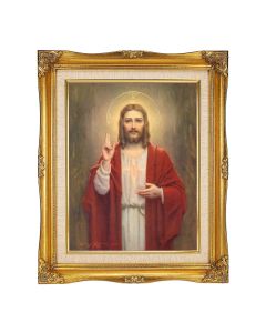 11"x14" Sacred Heart of Jesus Textured Art by Chambers in a 15"x18" Ornate Antiqued Gold Frame with Inner Linen Border