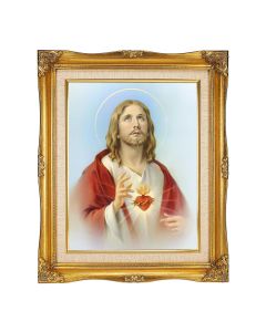 11"x14" Sacred Heart Textured Art in a 15"x18" Ornate Antiqued Gold Frame with Inner Linen Border