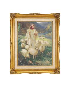  11"x14" Sallman: Good Shepherd Textured Art. in a 15"x18" Ornate Antiqued Gold Frame with Inner Linen Border