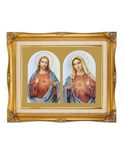 11"x14" The Sacred Hearts Textured Art in a 15"x18" Ornate Antiqued Gold Frame with Inner Linen Border