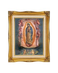 11"x14" O.L. of Guadalupe with Angels Textured Art.15"x18" Ornate Antiqued Gold Frame with Inner Linen Border