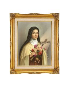 11"x14" Saint Therese Textured Art in a 15"x18" Ornate Antiqued Gold Frame with Inner Linen Border
