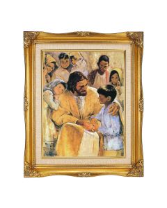11"x14" Hook: Christ with Children Textured Art. in a 15"x18" Ornate Antiqued Gold Frame with Inner Linen Border