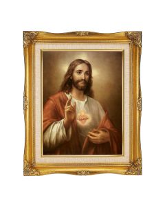 11"x14" Sacred Heart of Jesus Textured Art by La Fuente in a 15"x18" Ornate Antiqued Gold Frame with Inner Linen Border