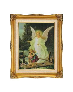11"x14" Guardian Angel with Children Crossing the Bridge Textured Art in a 15"x18" Ornate Antiqued Gold Frame with Inner Linen Border 
