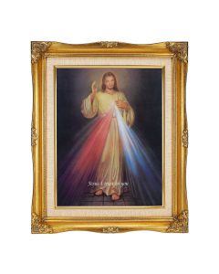 11"x14" Divine Mercy Textured Art Featured in a 15"x18" Ornate Antiqued Gold Frame with Inner Linen Border 