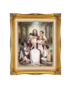 11"x14" Chambers: Jesus with Children Textured Art in a 15"x18" Ornate Antiqued Gold Frame with Inner Linen Border