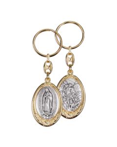 Silver Oxidized Keychain set in Gold Plated Flowered Frame with O.L. of Guadalupe and St. Michael