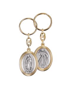 Silver Oxidized Keychain set in Gold Plated Frame with Divine Mercy and O.L. of Guadalupe