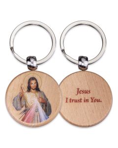Divine Mercy Round Wooden Keychain