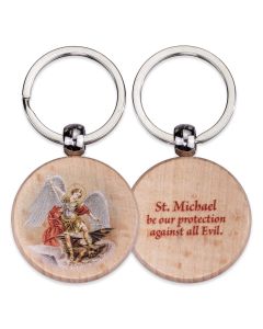 St. Michael Round Wooden Keychain