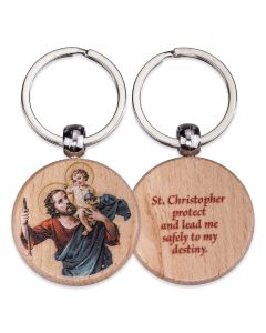 St. Christopher Round Wooden Keychain