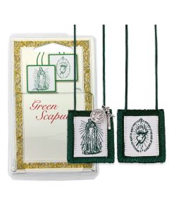 1 3/4" x 2" Immaculate Heart of Mary Genuine Wool Green Scapular with St. Benedict Medal and Crucifix in Deluxe Packaging. 22" Green Cord
