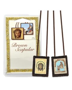 1 1/2" x 2" Holy Face of Jesus and Our Lady of Mt. Carmel Brown Wool Scapular in Deluxe Packaging