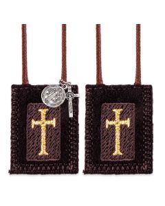 1 1/2 X 1 1/4 Brown Wool Scapular With Gold Embroidered  Latin Crosses (2)16" Brown Cords with St. Benedict Medal and Crucifix