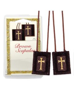 1 3/4" x 2" Genuine Brown Wool Scapular with Gold Embroidered Latin Crosses in Deluxe Packaging