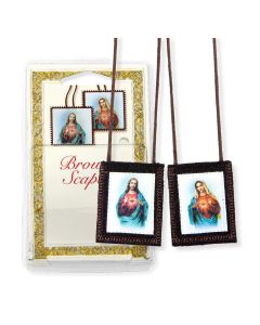 The Sacred Hearts Genuine Brown Wool Scapular in Deluxe Packaging