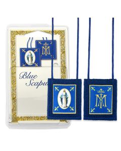 Our Ladys Genuine Blue Wool Scapular in Deluxe Packaging