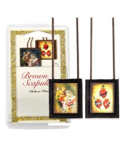 Holy Family & JMJ Three Hearts Genuine Brown Wool Scapular in Deluxe Packaging