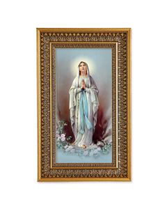 Our Lady of Lourdes Textured Art in 9" x 15" Antique Genuine Gold-Leaf Wood Frame with Acanthus Border