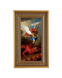 Archangel St. Michael Defeating the Dragon Textured Art in 9" x 15" Antique Genuine Gold-Leaf Wood Frame with Acanthus Border