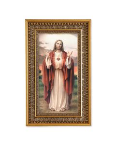 Sacred Heart of Jesus Textured Art in 9" x 15" Antique Genuine Gold-Leaf Wood Frame with Acanthus Border