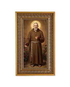 St. Pio Textured Art in 9" x 15" Antique Genuine Gold-Leaf Wood Frame with Acanthus Border